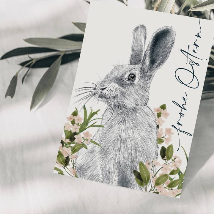 Wildblumen Atelier - Wholesale Easter Card - Easter card Bunny with pink flowers Happy Easter, FSC paper1