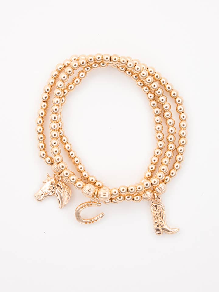 3pc Dainty Bracelets w/ Horseshoe, Boot & Horse Head Charms for wholesale by West & Co.