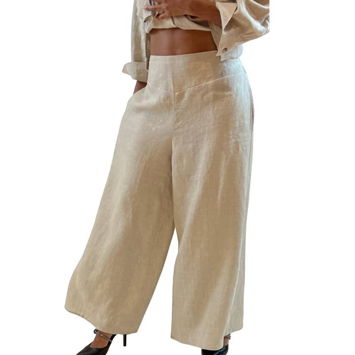Pantaloni Palazzo in Lino a Vita Piatta per la vendita all'ingrosso da parte di Dawn Bacchus