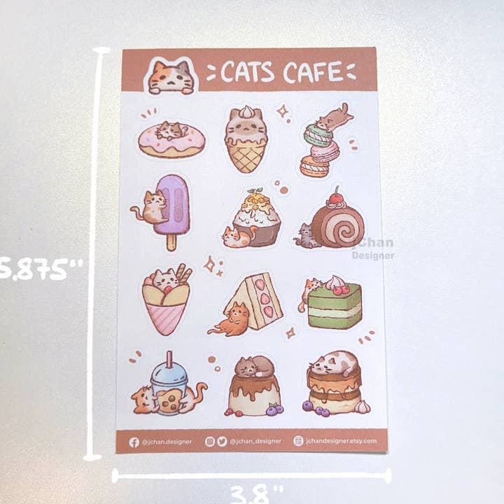 Cute Cats Cafe Sticker Sheet, Kawaii Animal Dessert Bullet Journal, Sweet Bakery Kitten Drawing Planner, Free Shipping Canada for wholesale by jChan Designer