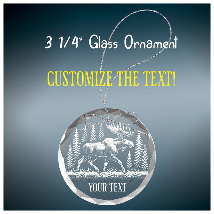 Moose in a Forest - Clear Glass Ornament for wholesale by Adirondack Etching LLC