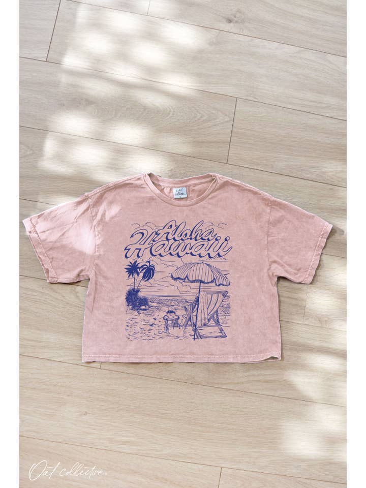 OAT COLLECTIVE - Wholesale Screen Printed T-Shirt - Women's - ALOHA HAWAII Cropped Mineral Graphic Top
