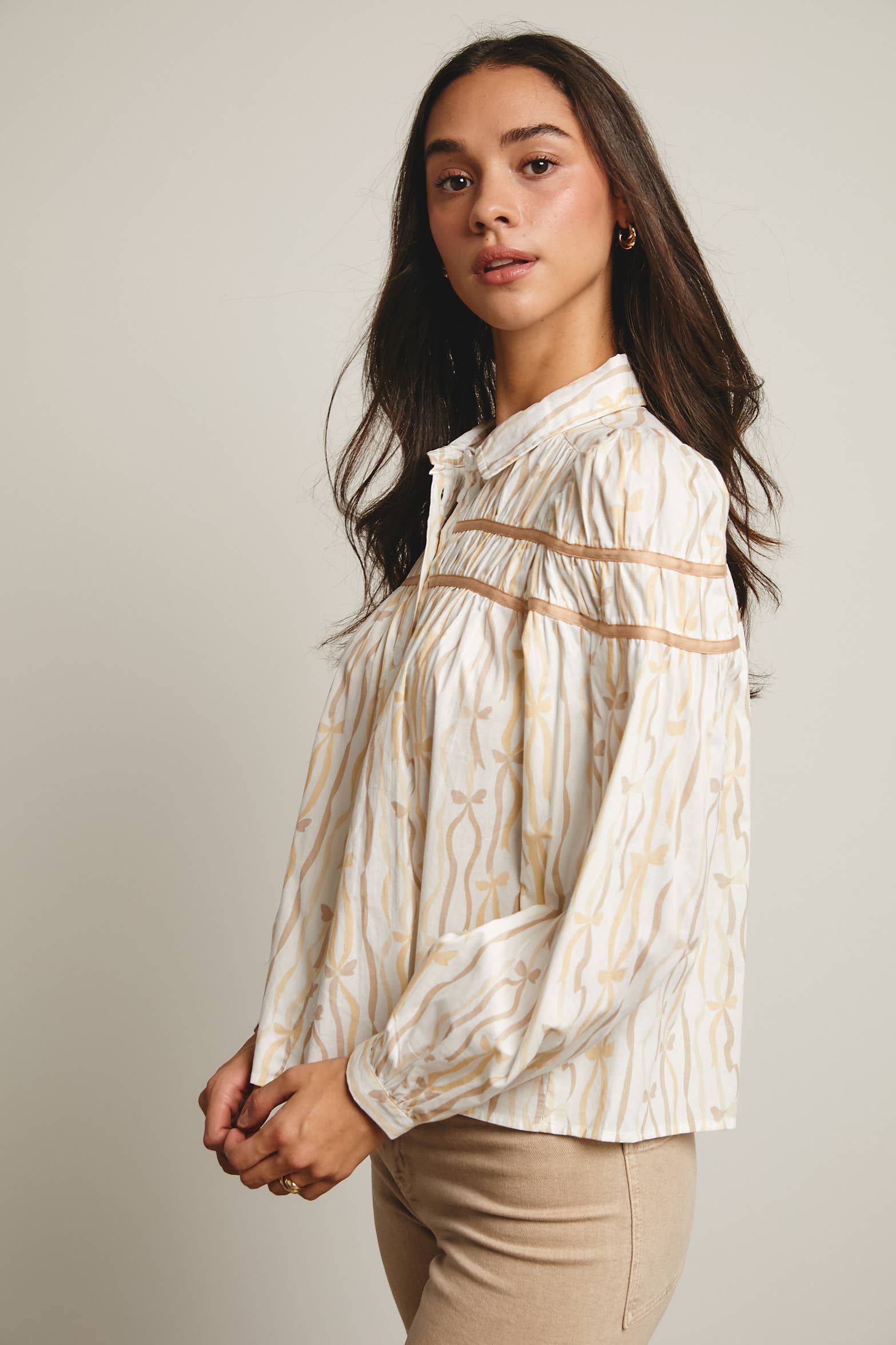 Forte – wholesale Blouse – Women’s – Ribbon Stripe Puff Sleeve Blouse FT00055