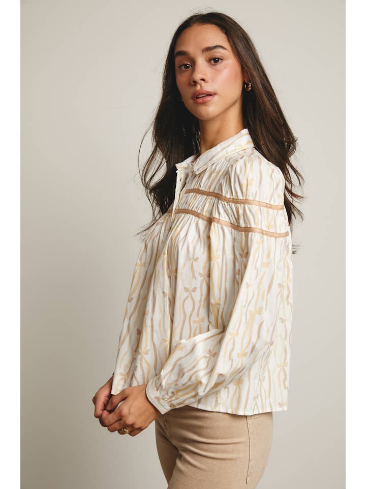 Forte – wholesale Blouse – Women’s – Ribbon Stripe Puff Sleeve Blouse FT00055