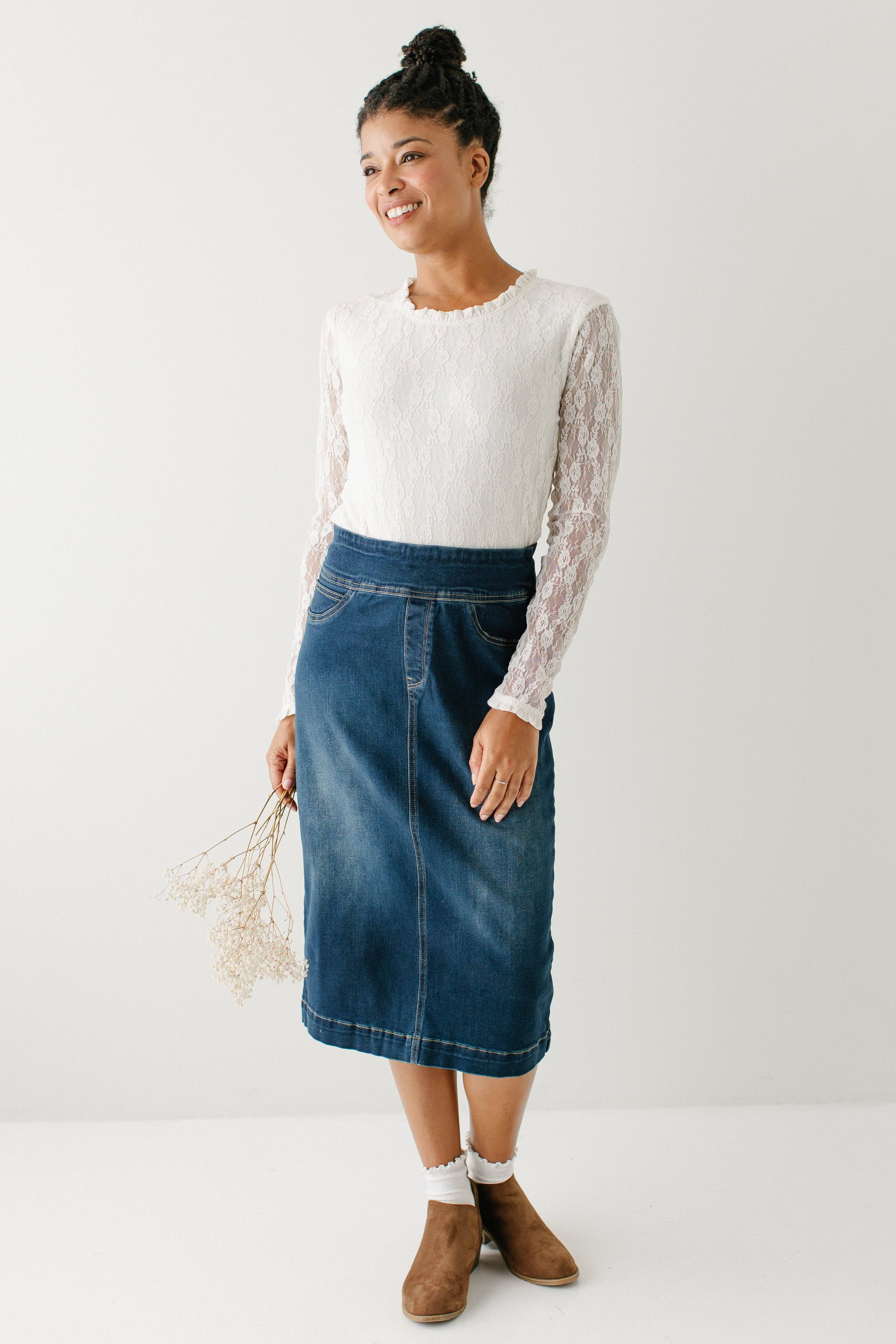 'Sara' Classic Knee Length Dark Denim Skirt for wholesale on Faire15