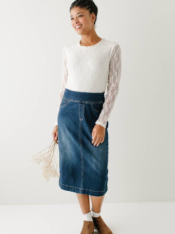 'Sara' Classic Knee Length Dark Denim Skirt for wholesale on Faire15