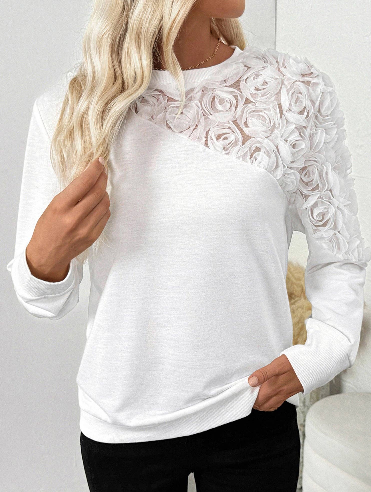 White Rose embellished long-sleeved solid color sweatshirt for wholesale on Faire3