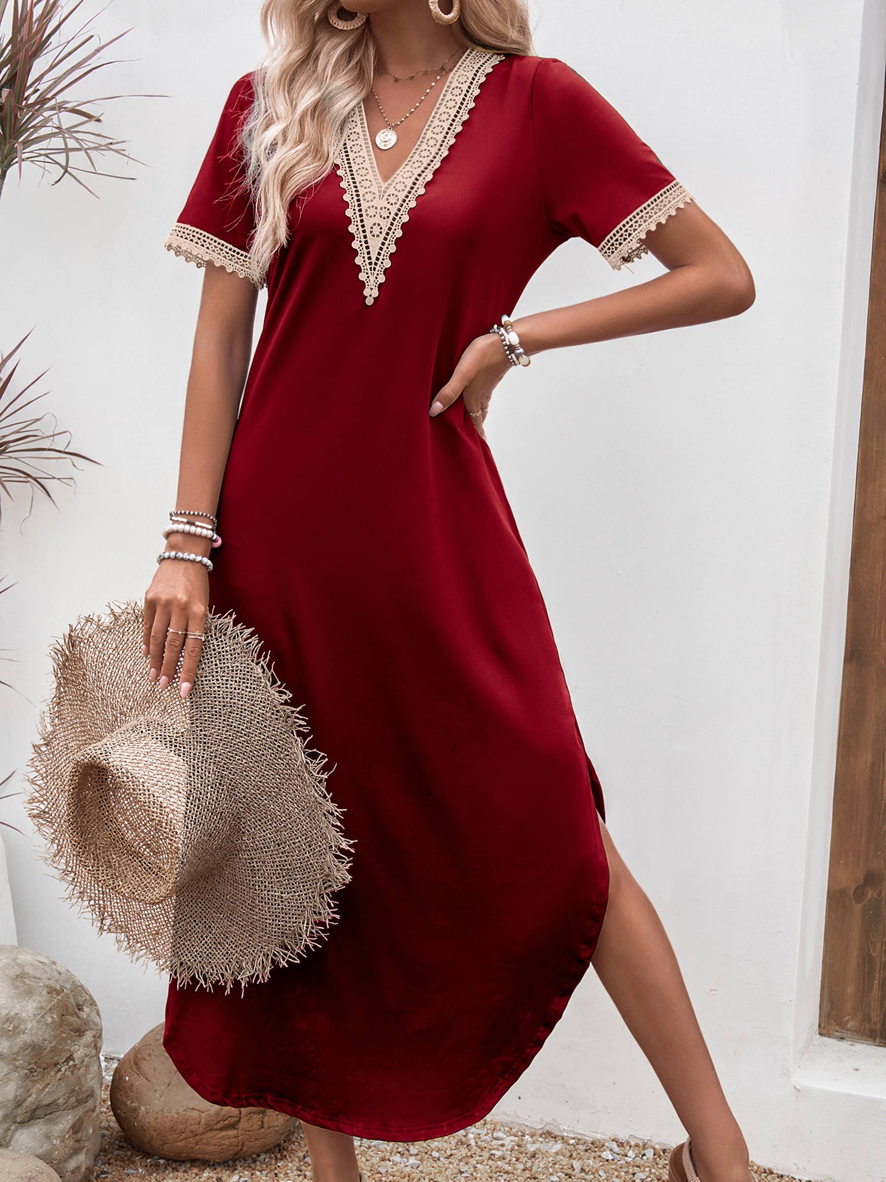 Wholesalesir - Vente Robe – femme - Robe à ourlet irrégulier en dentelle à col en V0