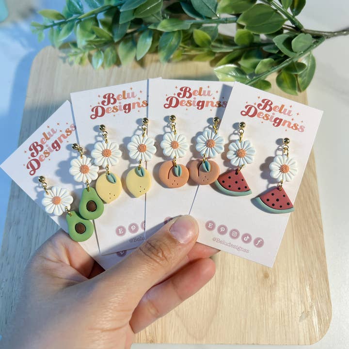 Belu Designss - Wholesale Dangle Earrings - Little fruits with flowers polymer clay earrings 1