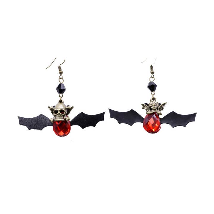 55300 - Bat earrings with skull, red stones for wholesale by Western Fashion