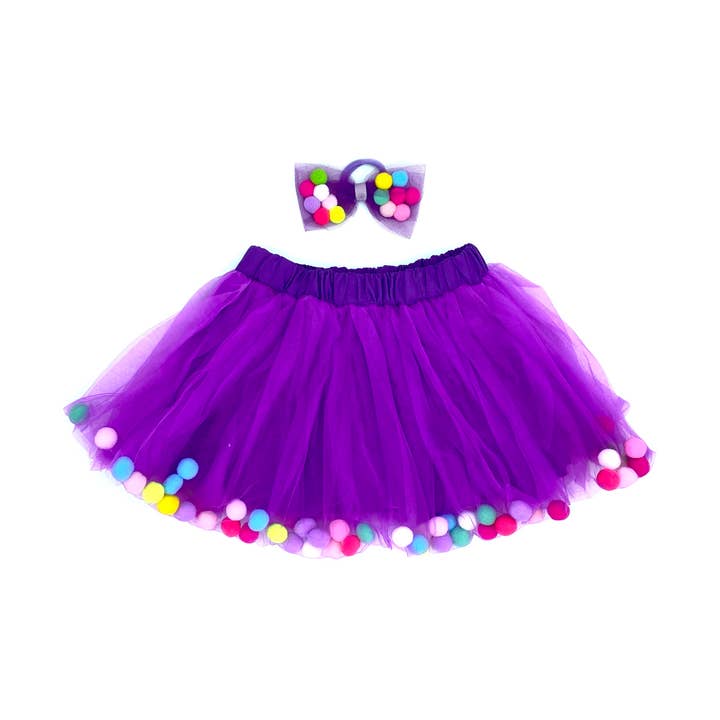 Falda Morada para Niñas | Tutú con Pompones y Lazo para el Pelo para Niñas para venta al por mayor de Tutu Joli LLC