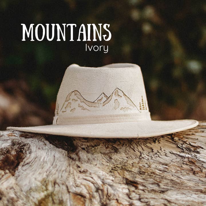 Pacific Wren Art & Design - Wholesale Fedora - Women's - Wood-Burned Wide Brim Rancher Hat - Mountain Collection