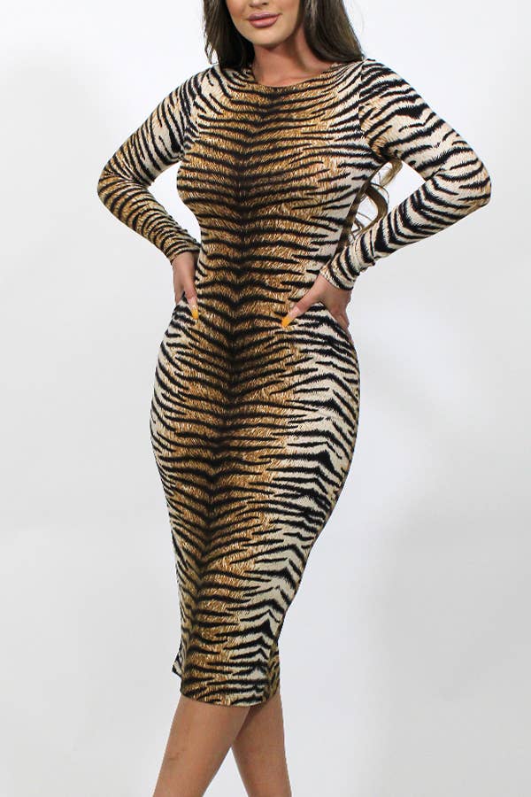 TIGER PRINT ROUND NECK LONG SLEEVE MIDI DRESS JD2036 for wholesale on Faire3