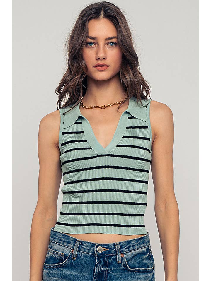 Urban Daizy - Wholesale Knit Top - Women's - Retro Preppy Striped V Neck Sleeveless Ribbed Polo Crop Top