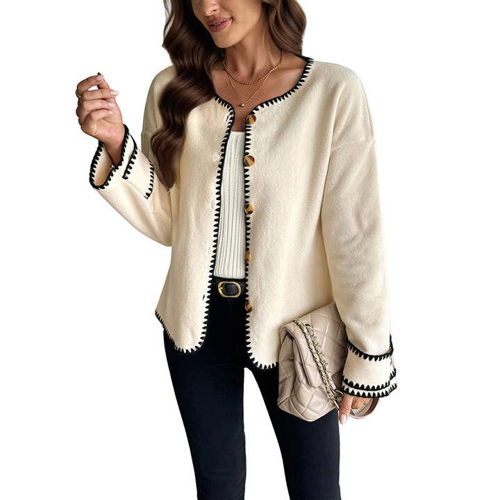 Apricot Color Block Trim Fleece Knit Round Neck Cardigan Jacket for wholesale on Faire4