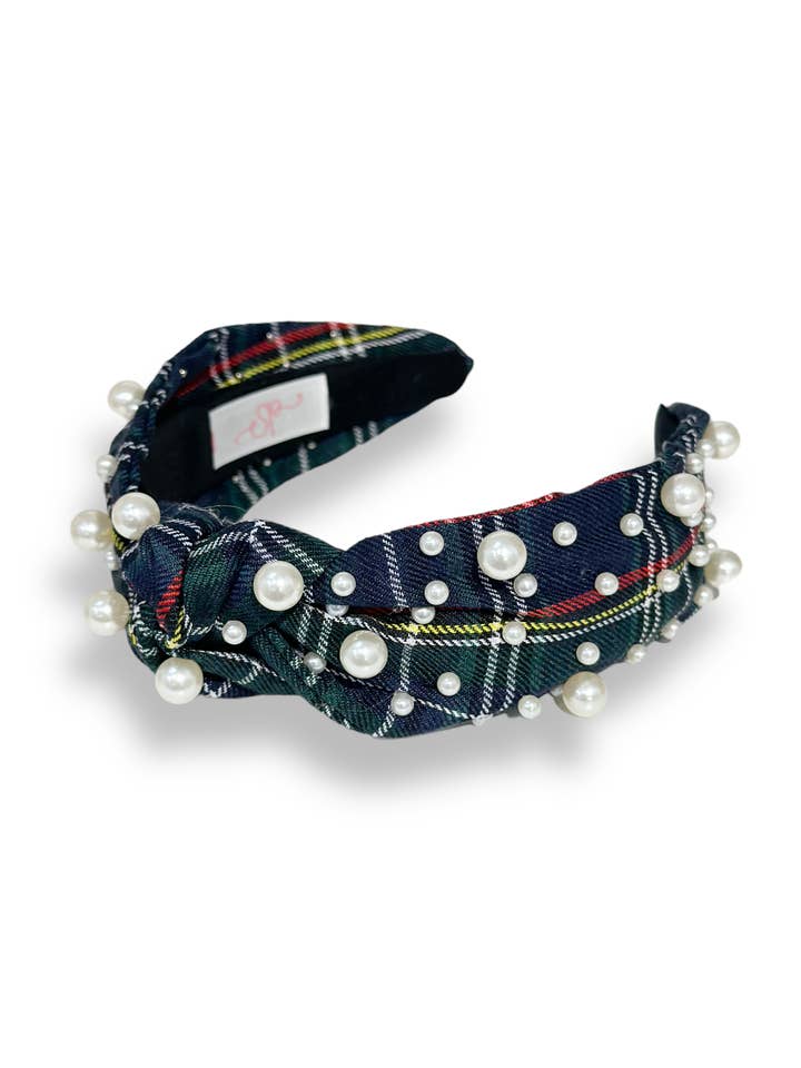 NOUVELLE PRÉCOMMANDE : bandeau en tartan bleu marine avec cristaux - Paquet de 3 pour la vente par The Sandy Pearls