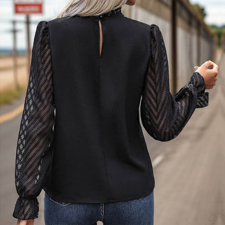 Black Button Trim Splicing Pullover Long Sleeve Commuter Shirt for wholesale on Faire