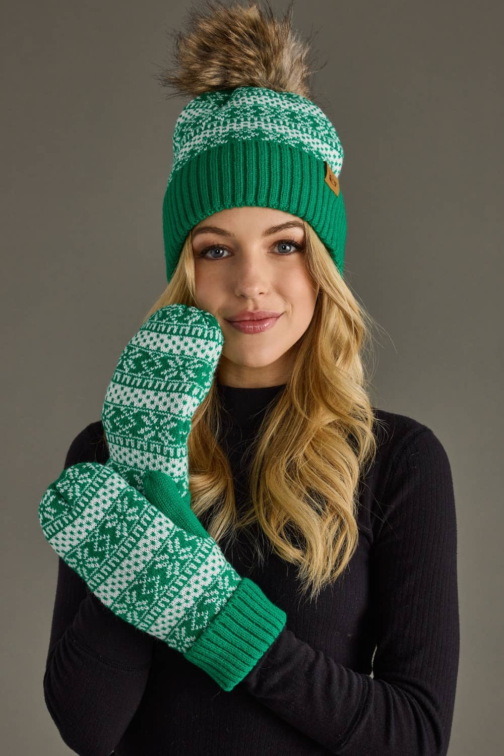 Panache Apparel Co. - Wholesale Beanie - Women's - Green & White Winter Pattern Pom Hat4