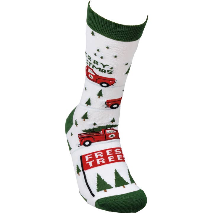 Primitives by Kathy - Wholesale Socks - Unisex - Truck And Tree Merry Christmas Socks