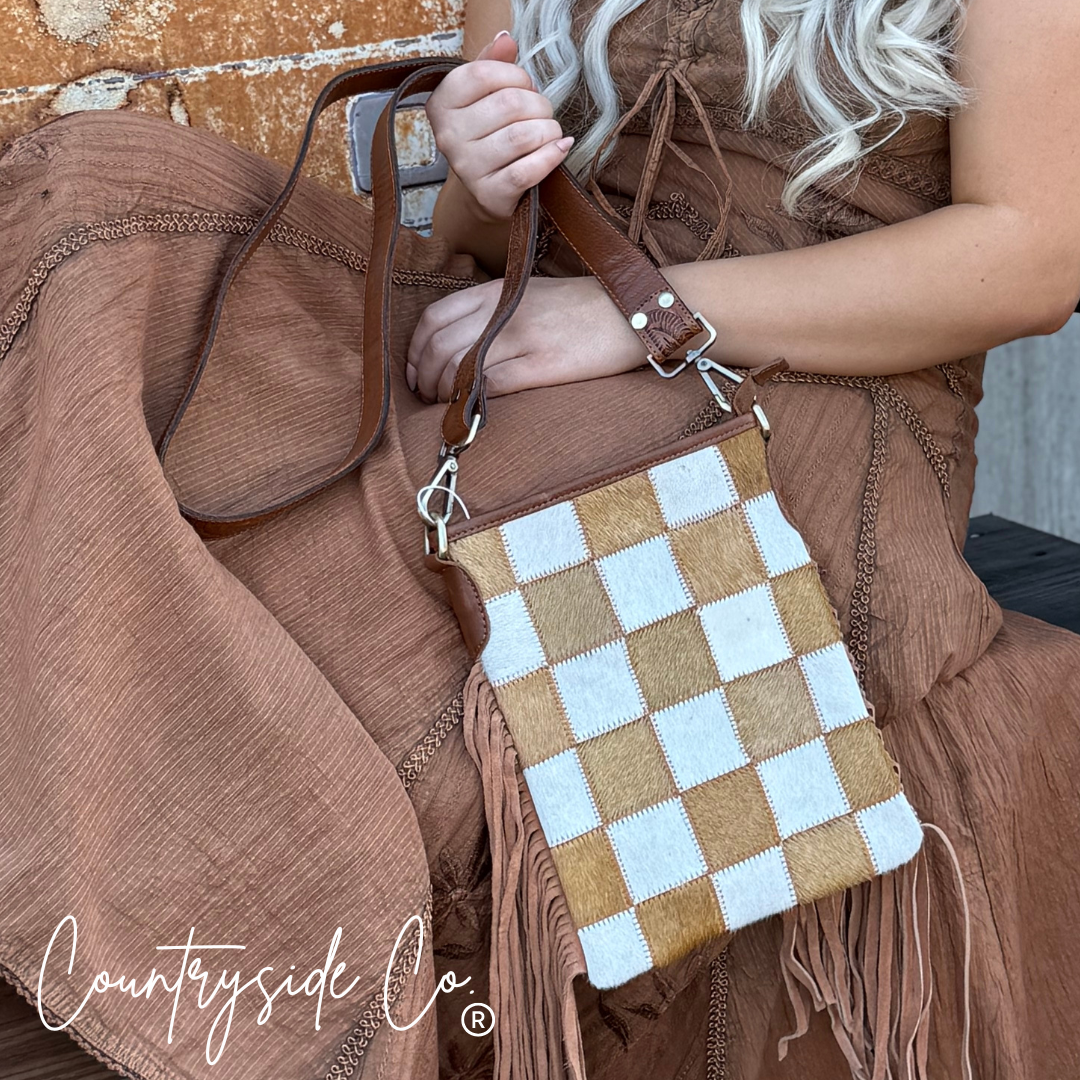 Texas Western Cowhide Bags and More - Wholesale Crossbodytas - Dames - Stockdale Geruite Koeienhuid Franje Tas, Bruin & Wit7
