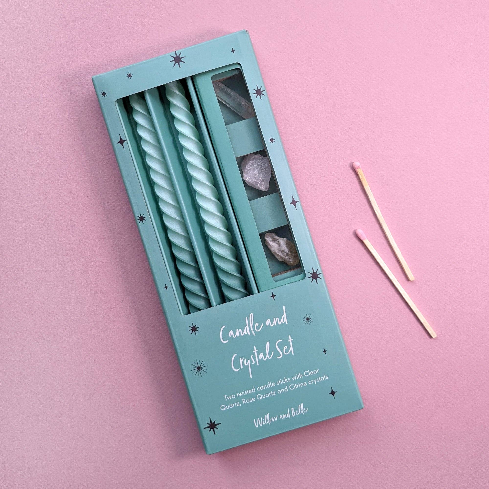 Robert Frederick Ltd - Wholesale Meditation Supplies - Willow and Belle Green Ombre Candle & Crystal Set - Includes Two Twisted Candles and Three Crystal Stones1