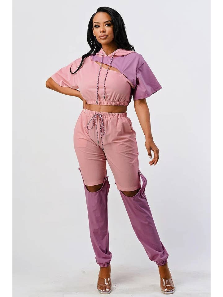 CC Wholesale Clothing - Wholesale Top & Pant Set (NOT Loungewear) - Women's - Pants Set In Color Block With Hoodie And Detachable Bottom