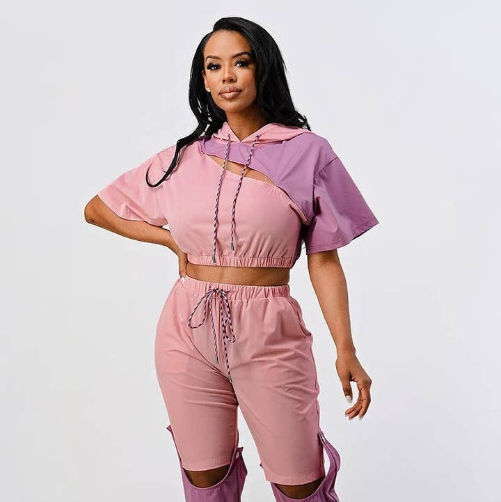 Pants Set In Color Block With Hoodie And Detachable Bottom for wholesale by CC Wholesale Clothing