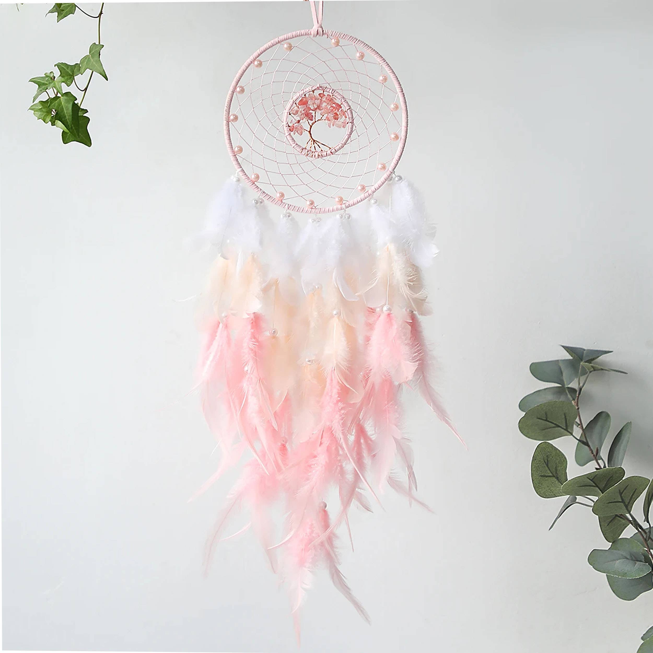 La Bella Monte - Vente Attrape-rêve - Attrape-rêves avec plumes et pierre de cristal, motif arbre de vie1