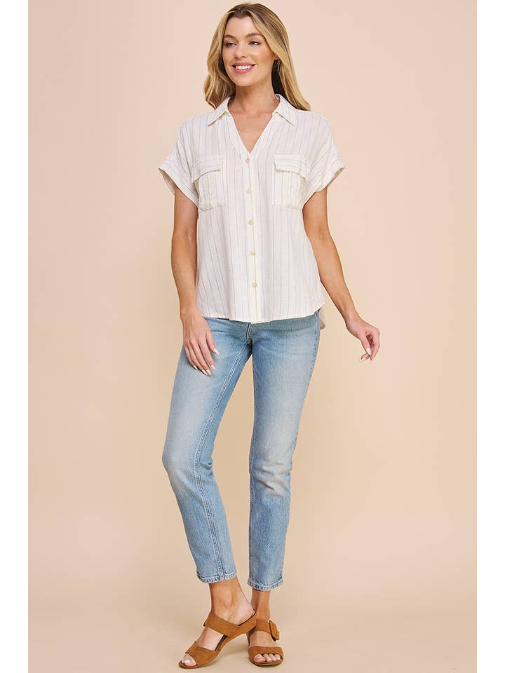 Allie Rose - Wholesale Button Down Shirt - Women's - Dolman V-Neck Shirt in Linen Blend11