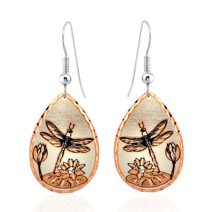 J 38 Teardrop Copper Dragonfly Earrings for wholesale by COPPER ARTS INC.