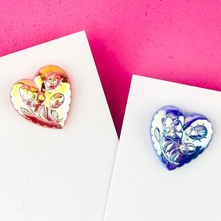 rosie + belle - Wholesale Stud/Post Earrings - Iridescent Heart Vintage Button Earrings