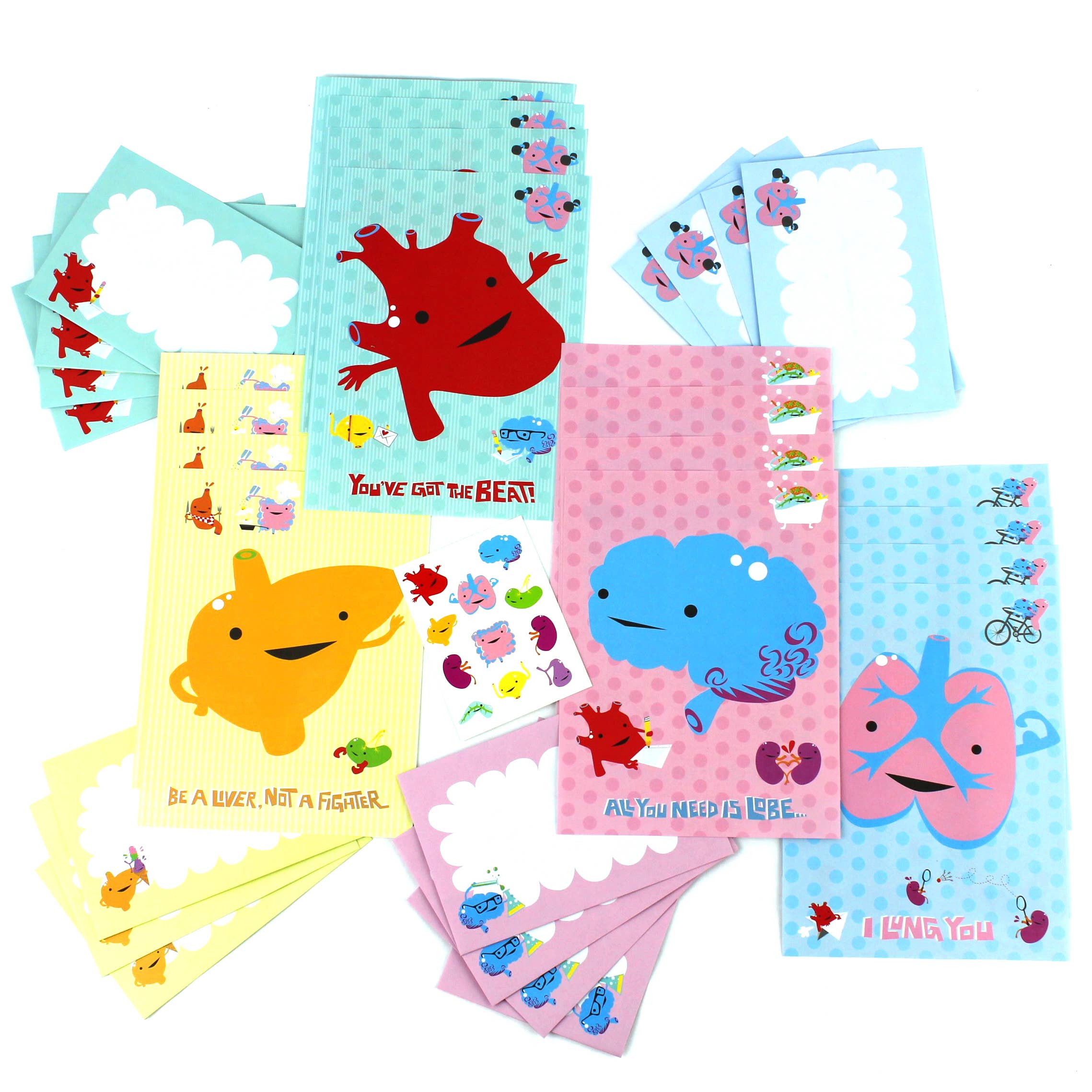 I Heart Guts | Organ Plushies Wholesale - Wholesale Stationery/Notecard Set - Guts Mix and Match Stationery Set With Stickers2