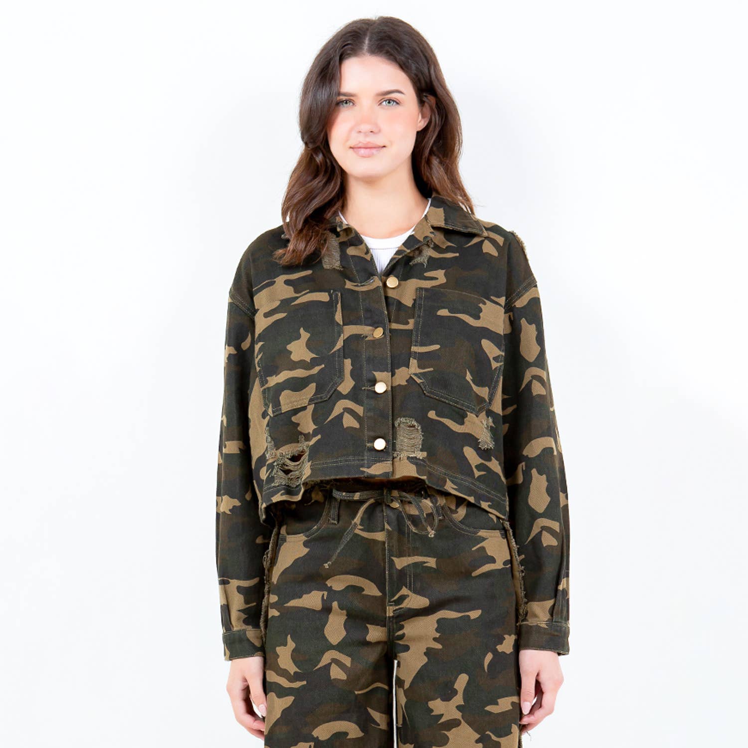 GREEN CAMO CAMOUFLAGE DISTRESSED CROPPED JACKET-RJK30777CM for wholesale on Faire