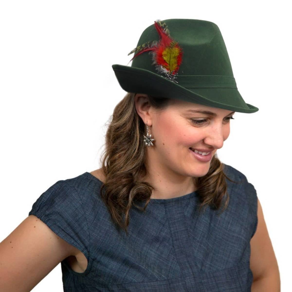 European Heritage Gifts - Vente Chapeau en feutre – unisexe - Chapeau vert German Hunter Fedora avec edelweiss et plumes1