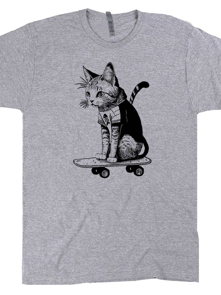 Shirtmandude Co - Wholesale Screen Printed T-Shirt - Unisex - Skate Cat Shirt Funny Skateboard Tee Shirt Cute Novelty Fun