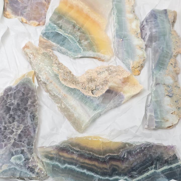 8pc Fluorite Slabs ~ Bulk Polished Crystals ~ Mineral Flats for wholesale by Aquamarine Daydream Wholesale