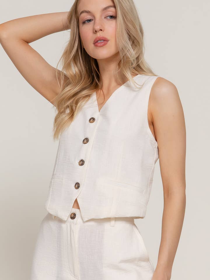 V-Neckline Front Button Closure Linen Effect Vest for wholesale by Active Basic | Active USA