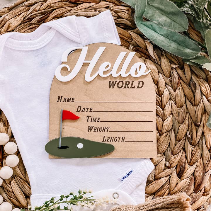 Hello World Birth Stat Sign - Golf for wholesale by Claire and Bella