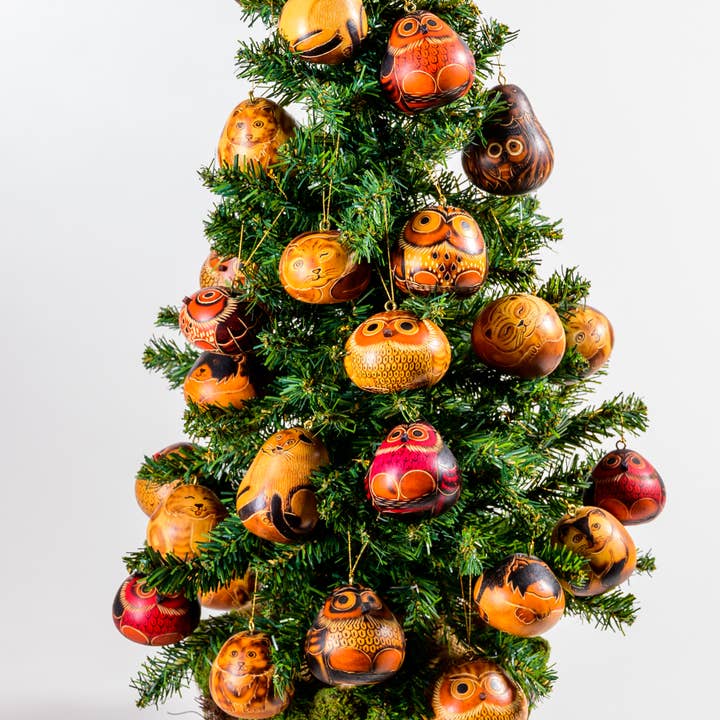 Lucuma Designs - Wholesale Ornament Set - Owls Mini Mix- Gourd Ornament - Fair Trade Gift