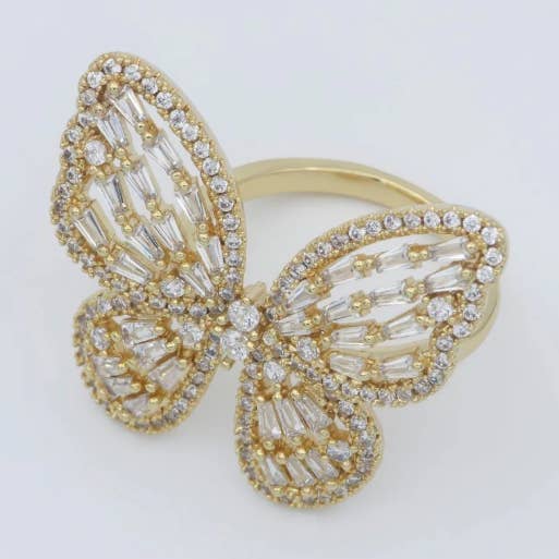 Gold butterfly ring, Open Adjustable butterfly ring, statement Jewelry with Cubic Zirconia Ring RI-21R229 for wholesale by Simply Jewels