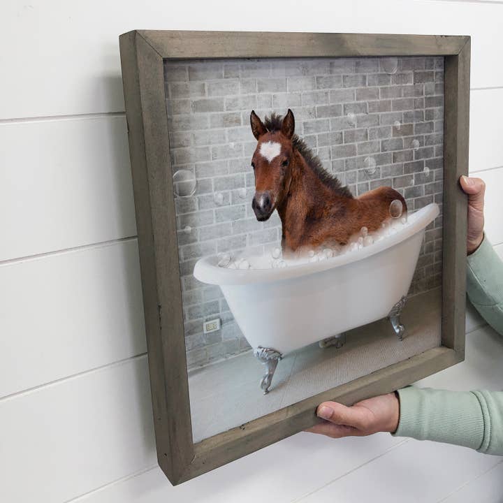 Hangout Home - Wholesale Bathroom Sign - Horse in a Bathtub Funny Bathroom Greywash Wood Frame