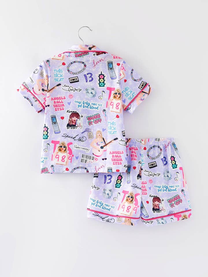 Rylee Faith Designs - Wholesale Sleepwear Set - Kids - Purple TS Lapel Button Short Sleeve Shorts Pajama Set