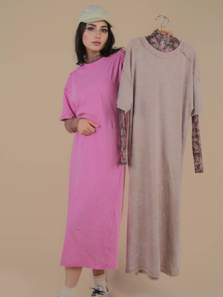 VERY J - Wholesale Dress - Women's - ND31601-Mineral Washed Casual Comfy Midi Dress