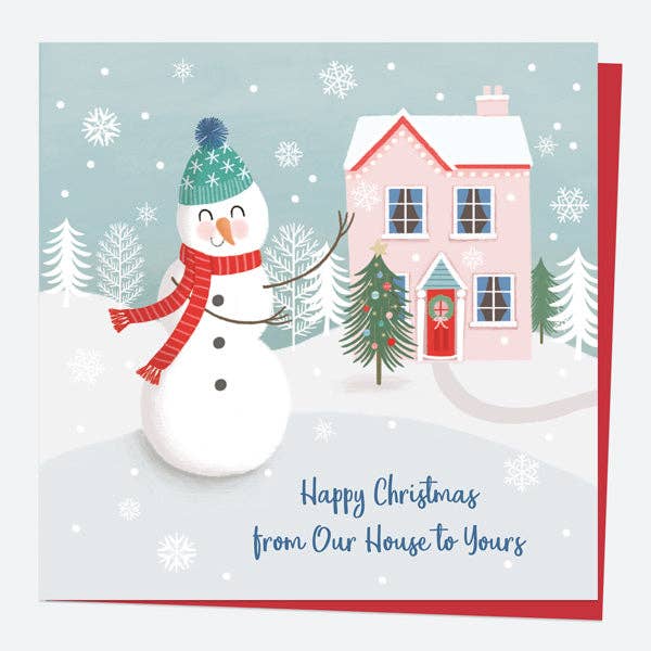 Christmas Card - Snowman Scene Home From Our House To Yours for wholesale by Dotty About Paper