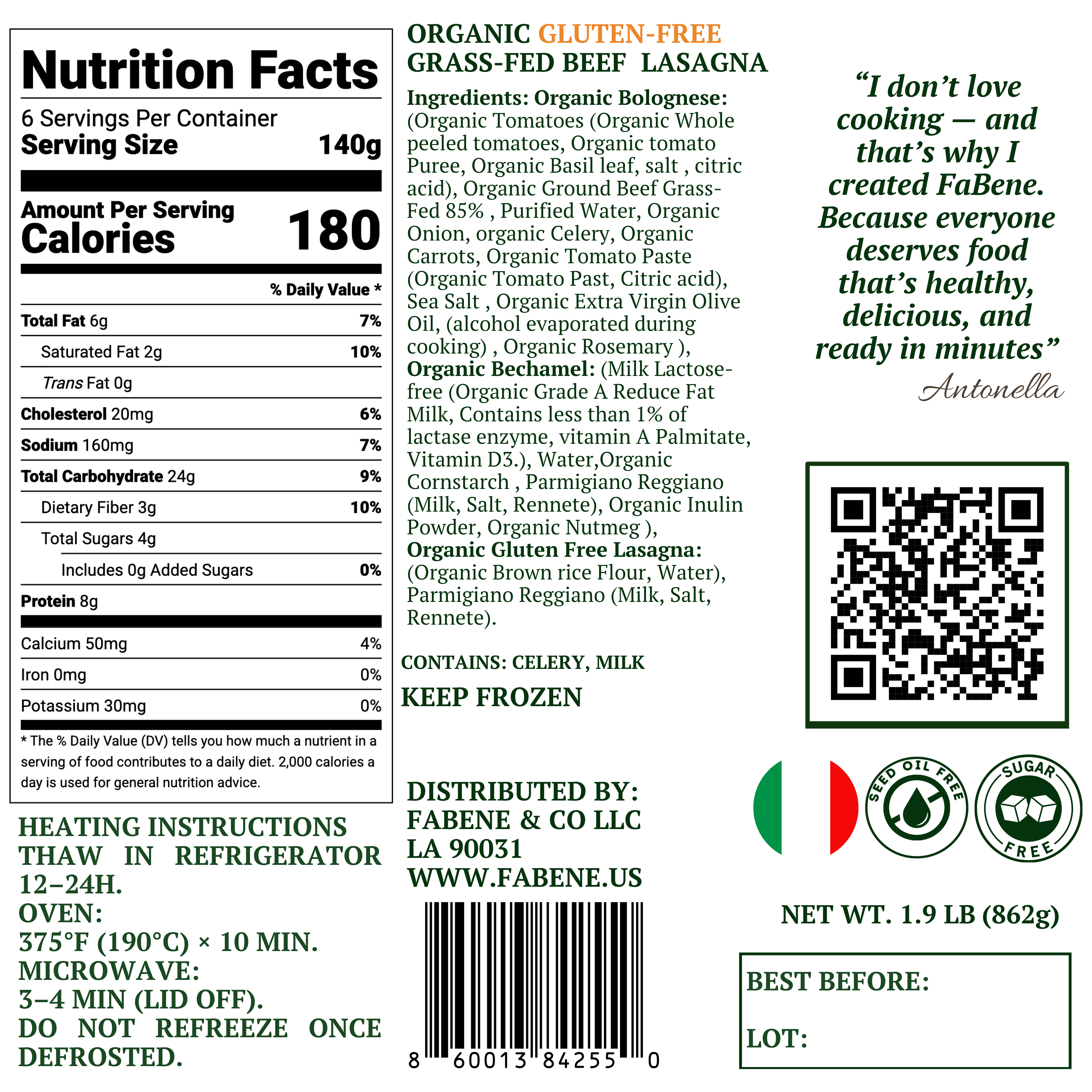 FaBene and Co LLC - Wholesale Soep - Lasagne zonder gluten met grasgevoerd rundvlees 2 LB schaal1