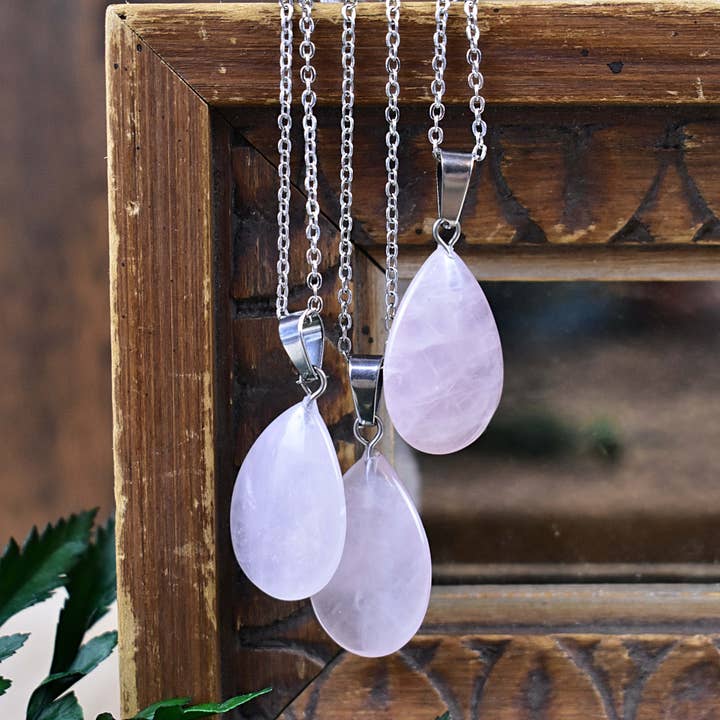 Silver Rose Quartz Teardrop Necklace for wholesale by Ewelina Pas Jewelry