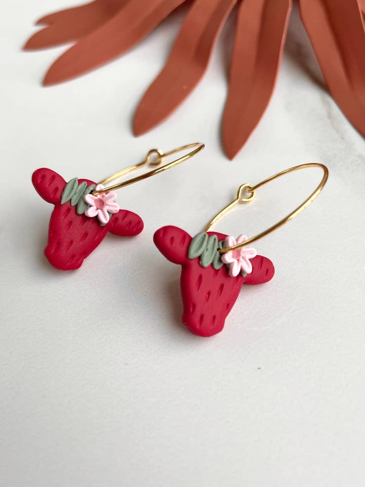 Strawberry Cow Hoop Earrings for wholesale by Lily and Sparrow Clay