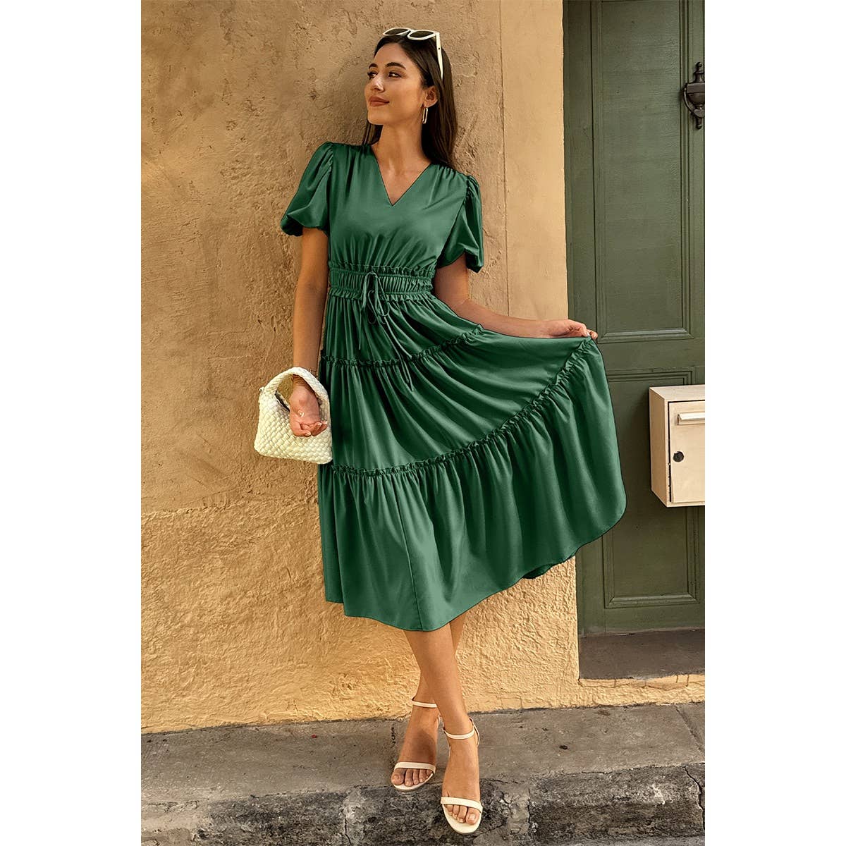 Supreme Fashion – wholesale Dress – Women's – Solid V Neck Puff Sleeve Elastic Waist Dress4