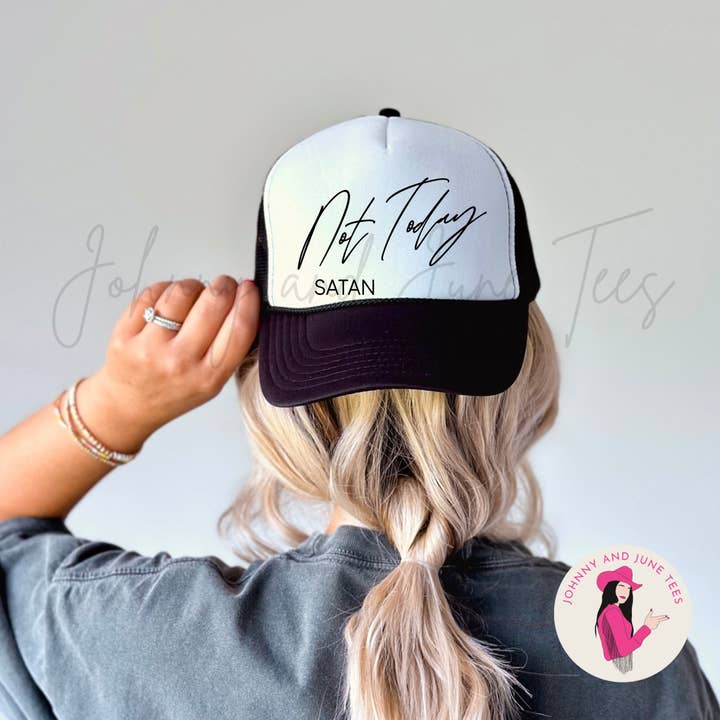 Inte idag Satan Retro Trucker Hat, Christian Snapback, Tro för wholesale av Johnny and June Tees