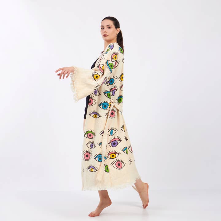 Yaz Concepts - Wholesale Kimono - Dames - Turkse badjas met kleurrijk oogmotief, festival kimono kaftan2